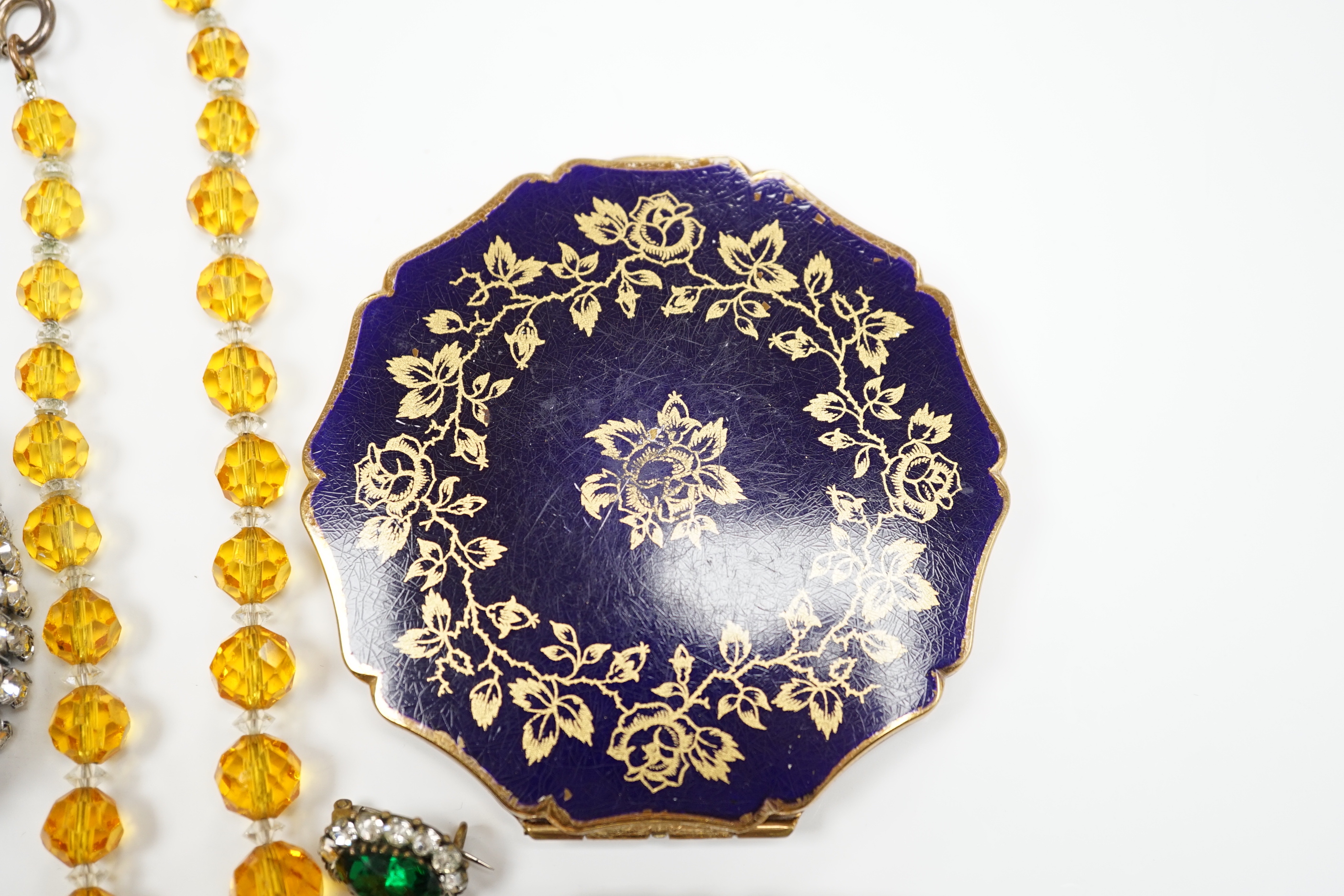 Assorted paste set jewellery etc and other items including compacts and a Ronson lighter.